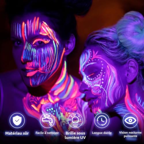 AOOWU Peinture Visage Corps Kit 27PCS, Peinture Corporelle, 16 * 10 ml UV Glow tubes de peinture fluorescente pour le visage et le corps, Halloween Noël Maquillage Fluo – vue 4