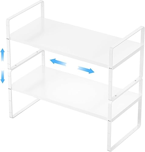Miniatura 10 de Paquete de 2 organizadores de estantes de gabinete de cocina expandibles, estantes de almacenamiento de despensa de metal apilables, estante de