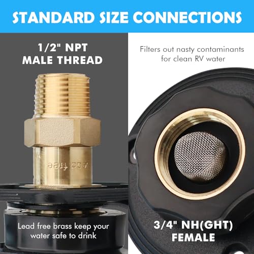 Image of Lead-Free Brass RV Water Inlet Connection, 1 /2 inch NPT Male City Water Fill Flange with Check Valve, Leak-Free City Water Hookup for Camper, Trailer(Black)