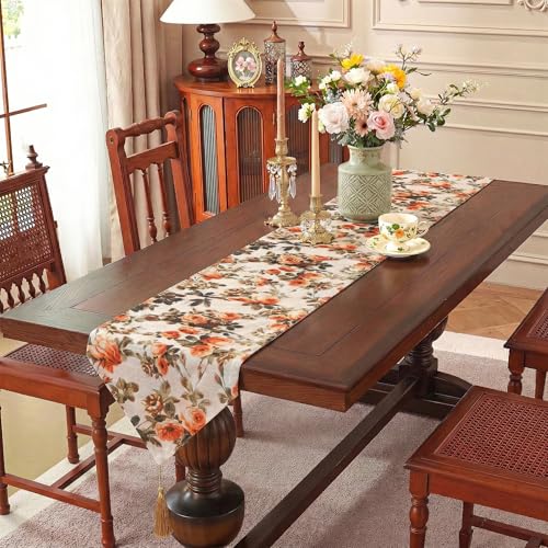 Image of Kuber Industries 16x68 inch Jute Table Runner for Party, Wedding and Family Dinners | Reusable Centre and Dining Table Runner | Flower Print - Orange