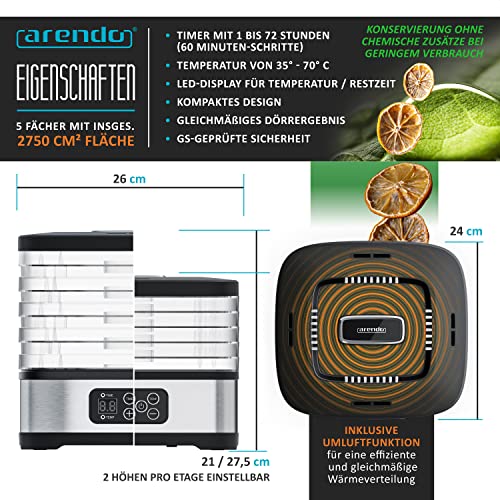 Arendo - Dörrautomat mini mit Temperaturregler - 240 Watt – Dehydrator – 5 Etagen – Timer 1 bis 72 h – 5 Einlegefächer – je Fach zwei Höhen – Food Fleisch Kräuter Obst – Bild 4