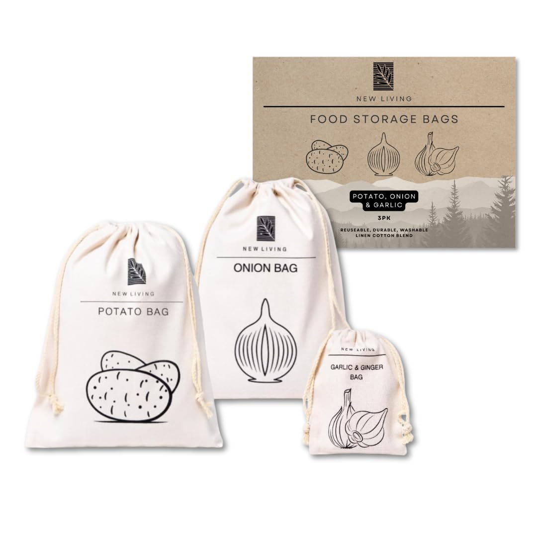 Potato Bag, Onion Bag & Garlic Bag 3 Pack Bundle Real Linen Cotton Blend Material | Food Sack Eco Product Vegetable Storage | Food Storage Bag | 30x40 cm