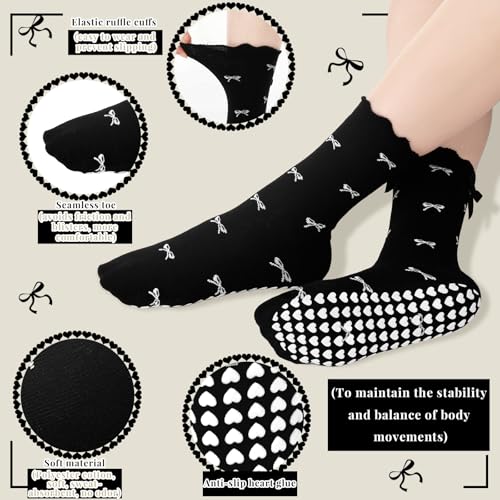 10 Pairs Coquette Black Bow Pilates Socks for Women Breathable Ankle Socks Ruffle Cuff Grips Yoga Non Slip Athletic Sock White Black Nylon Satin Soft for Casual Dress Ballet Crew Stocking3