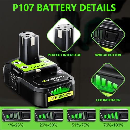 Image of Replacement for Ryobi 18V Battery: 18V 4.0Ah Lithium-ion Compatible with Ryobi P102 P103 P105 P107 P108 P109 P122 Cordless Power Tools 2 Pack