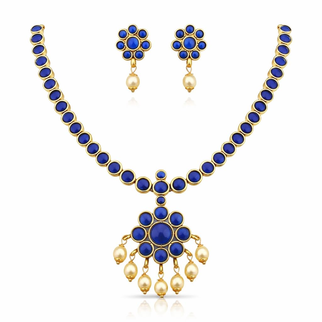 Jewellery Set for Girls and Women | Necklace with Matching Earrings | Micro Gold-Plated | AD/CZ Stone Studded | Suitable for Traditional, Wedding and Festival Wear (Blue)
