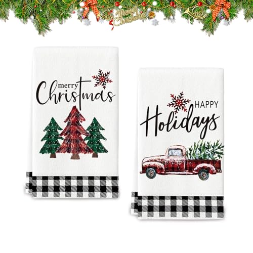 dellyy Lot de 2 Torchons de Cuisine 42x60cm, Torchon Vaisselle de Noël en Polyester, Durable avec Motif Festif, Décoration de Noël et d’Hiver (à Carreaux Noirs et Blancs)
