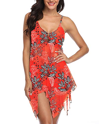 Temptme Womens Pink Mesh Flowy Tankini Floral Swimdress Two Piece Swimsuits Swim Dress with Boyshort