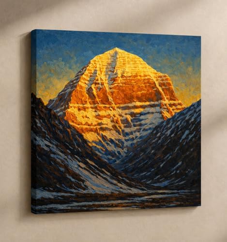 Image of Kunj Cart Mount Kailash Painting | 10+ DESIGNS | Kailash Parvat Canvas Painting for Living Room, Temple Home & Office Wall Decoration (Golden Kailash Mountain, 12x12 Inch, Framed)