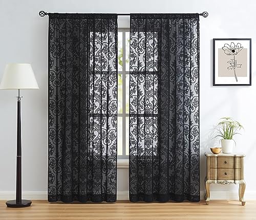 Image of Black Lace Curtains 84 inch Damask Sheer Curtain Panels for Living Room Bedroom Luxury Vintage Light Filtering Victorian Drapes Black Window Treatment Sets Rod Pocket 2 Panels 54 inch W