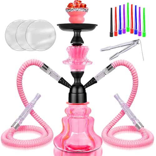 14 Premium 2-Hose Hookah Set - Complete Portable Kit with Case 20 Tips & 50 Foils | for Home Use (A-Pink)