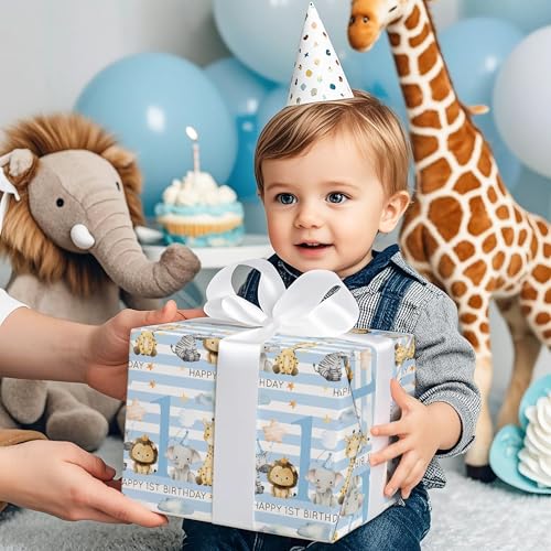 RUSPEPA Geschenkpapier zum 1. Geburtstag eines Jungen – Mini-Rolle – 43,2 cm x 5 m – Babyblaues, bezauberndes Dschungeltier-Geschenkpapier, perfekt für Mädchengeburtstage.
