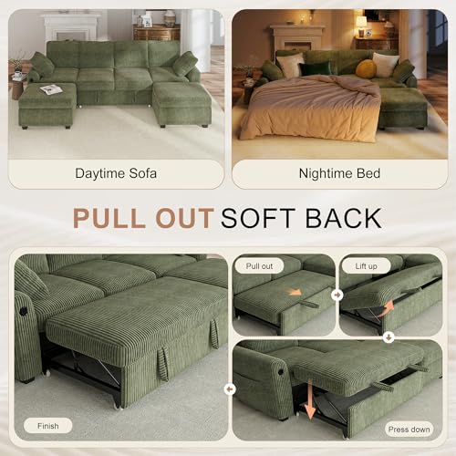 Image of Hanherry 104 inch Sectional Sofa with Pull Out Couch Bed,Corduroy 4 Seater Sleeper Sofa with Storage Ottoman & USB Charging,Comfy U Shaped Modular Couches for Living Room,Apartment