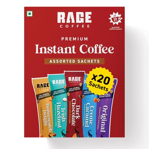 Image of Rage Coffee Instant Freeze Dried Coffee - Pack of 2 (10 Sachets each) - 5 Flavours: Irish Hazelnut, Cream Caramel, Dark Chocolate, Original, Butterscotch Delight (2g Single-Serve Arabica Coffee), Hot and Cold Coffee