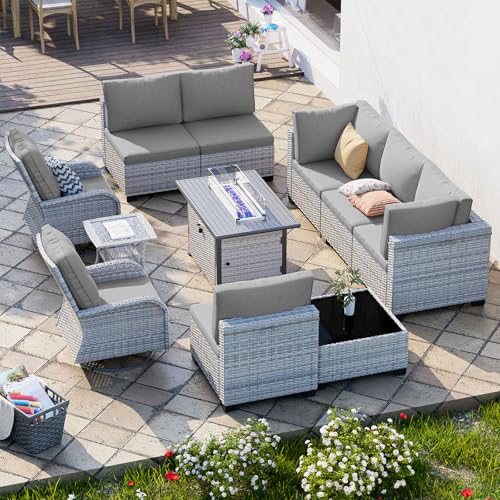 Image of 11-Piece Patio Furniture Set, Outdoor Patio Furniture with 55,000 BTU Fire Pit Table, Swivel Chairs Set, Thick Cushions, Modular Patio Sofa, Dual-Strand Wicker Rattan, Rust-Resistant Frame, Grey
