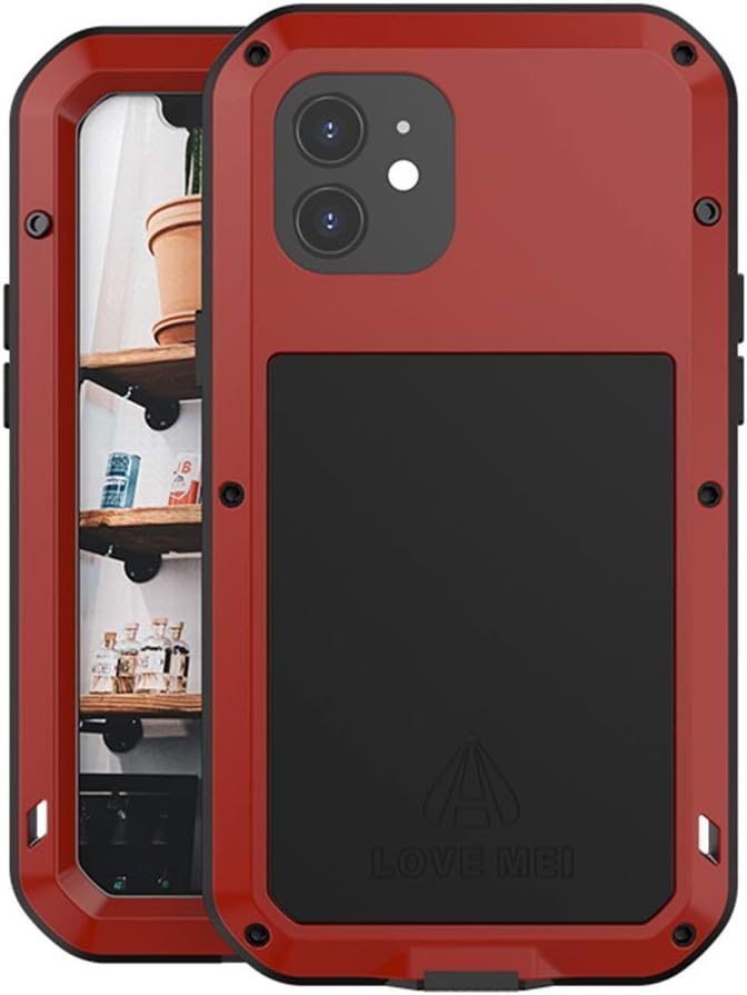 Love MEI Compatible with iPhone 12 Case,Outdoor Sports Military Heavy Duty Metal Cover Waterproof Shockproof Dustproof Full Body Case with Built in Glass Tempered Screen Protector (Red)