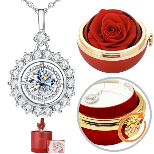 Moissanite Necklace with Preserved Rose, Sterling Silver Necklaces for Women, Forever Flowers Gifts for Mom, Girlfriend on Birthday, Anniversary, Valentine's Day, Mother's Day, Christmas, Wedding