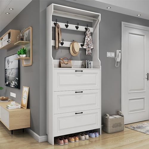 GXXINGIN Perchero Blanco Moderno con cajones para Guardar Zapatos y Ganchos de Metal para Colgar, Perchero Multifuncional para Entrada de Sala de Estar y vestíbulo