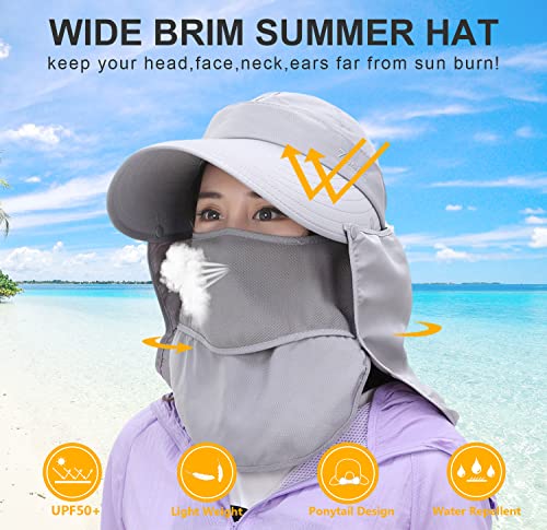 Image of Women Wide Brim Face Mask Sun Hat Detachable Neck Face Flap Ponytail UV Protection Visor Hat Garden Fishing Hiking
