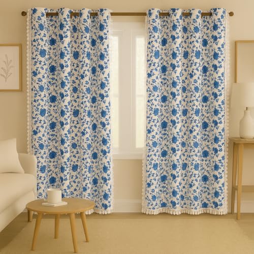 Image of Cortina Floral Light-Filtering 100% Cotton Curtains 7 feet Long Set of 2 for Door [ Opacity: 50-60%, Color: Blue, 180 GSM ]