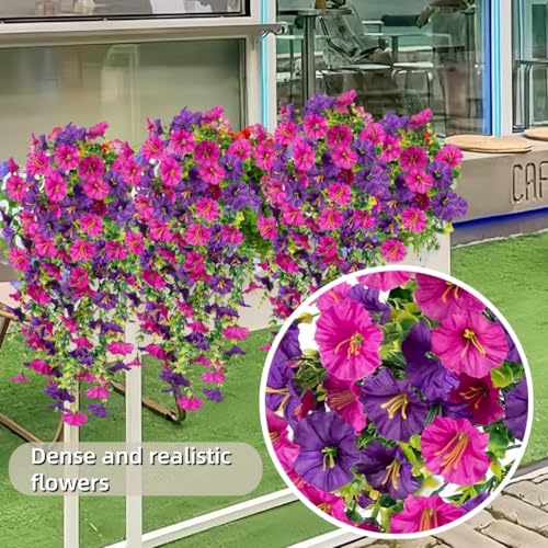 4 Pack Artificial Hanging Flowers, Fake Flower Morning Glory with Eucalyptus Leaves for Spring Summer Decoration, UV Resistant Look Real for Outdoor Home Indoor Planter Porch Patio image 4