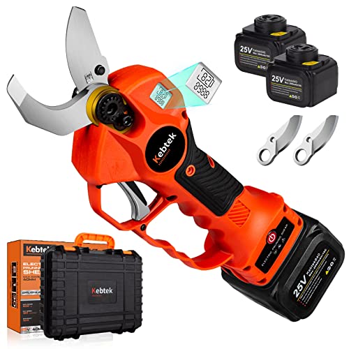 Kebtek Professional Electrci Pruning Shears 40MM, Electric Pruner Branch Cutter 25V Cordless Heavy Duty with 2 Pack 2Ah Rechargeable Batteries Brushless Motor- Upgraded Blade Version