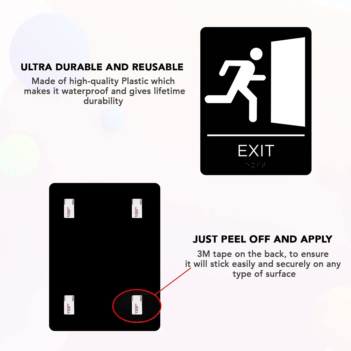 Corko Signs Braille Señal de salida para puerta o pared, ADA compatible con cinta adhesiva de doble cara 3M para asegurar perfectamente en menos de un minuto