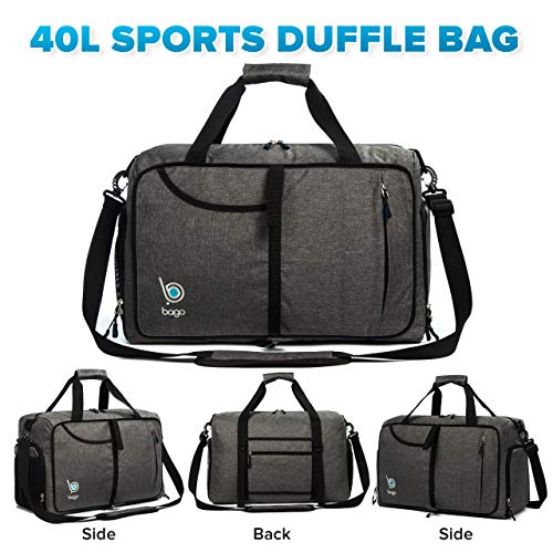 Bago Gym Bags For Women and Men - Small Packable Sports Duffle Bag For Women with Shoe Compartment and Wet Pocket ( 40 Liter SnowBlack )