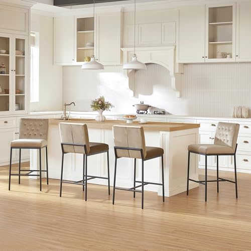 Image of CHITA Modern Bar Stools with Tufted Back Set of 4, 26 inch Counter Height Bar Stool with Metal Legs for Kitchen Island & Dining Room, Toffee Fabric, Black Frame