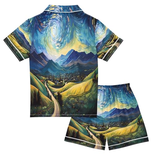 ALAZA Landscape Van Gogh Starry Night Satin Pajamas Set Short Sleeve Button Down Sleepwear Summer Pjs 2 Piece2