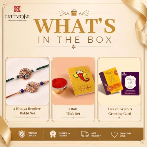 Image of CraftVatika Kundan Rakhi Set for Brother Set of 2, Designer Peacock Rakhi for Brother Boy Men, Premium Kalash Raki for Bhaiya, Traditional Rakshabandhan Rakhis with Best Wishes Card and Tillak Set