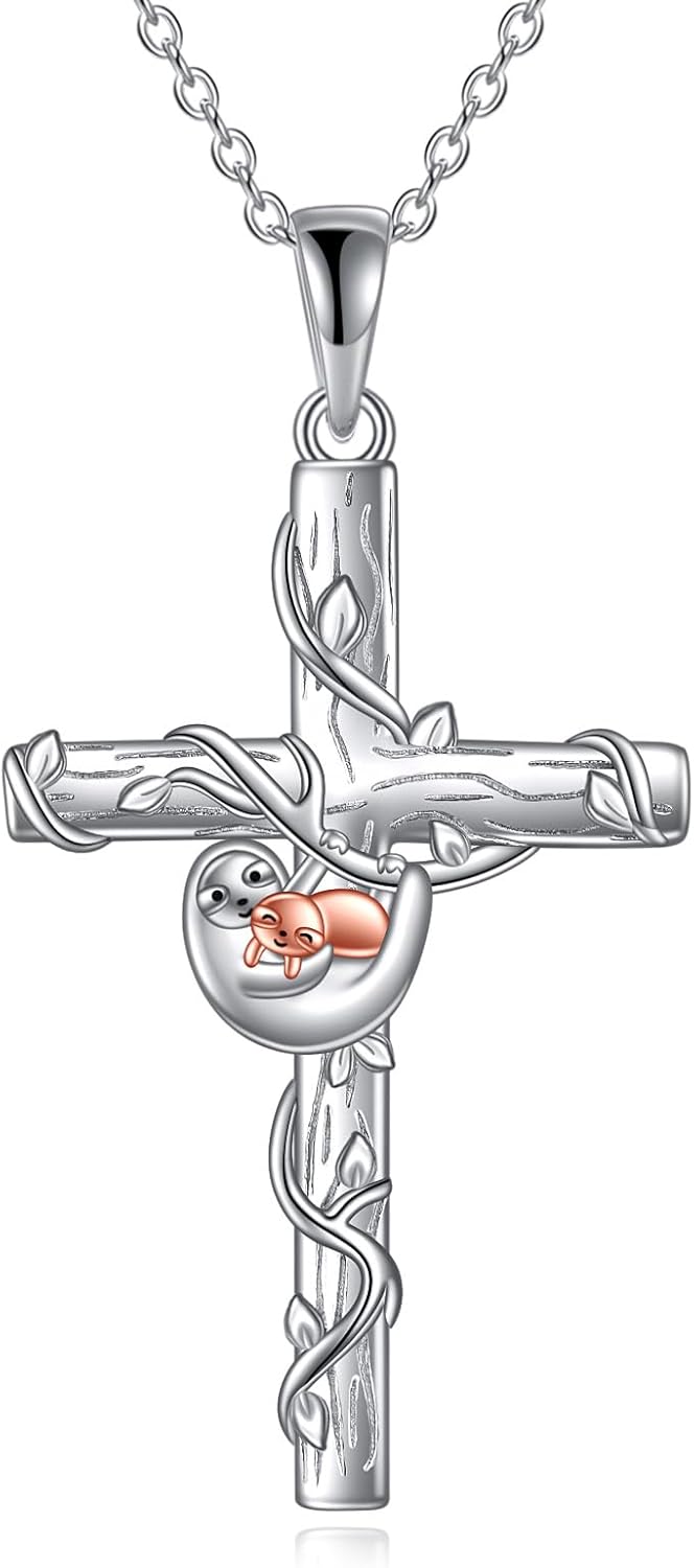 POPLYKE Cross Pendant Necklace for Women Animal Mother and Daughter Necklace Sterling Silver Christian Jewelry Gifts for Women