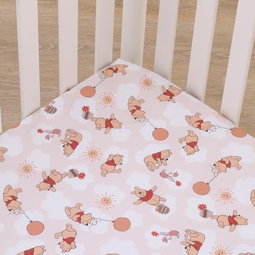 Image of Disney Winnie The Pooh Tan, Red, and White Piglet, Balloons, and Hunny Pots Super Soft Nursery Fitted Mini Crib Sheet