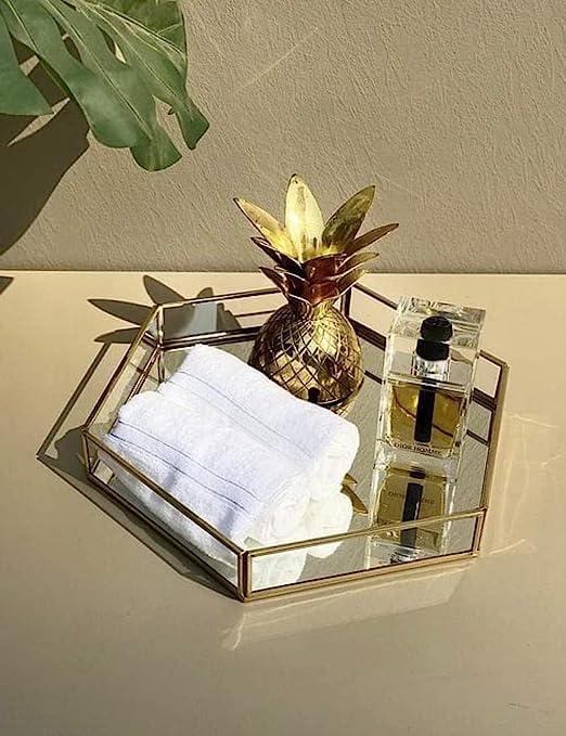 Image of Hexagon Glass Mirror Tray with Brass Rim and Mirror Base, Makeup Tray for Home Decor Jewelry Organiser, Vanity Organizer for Accent Table (10x10x1.5 inches)