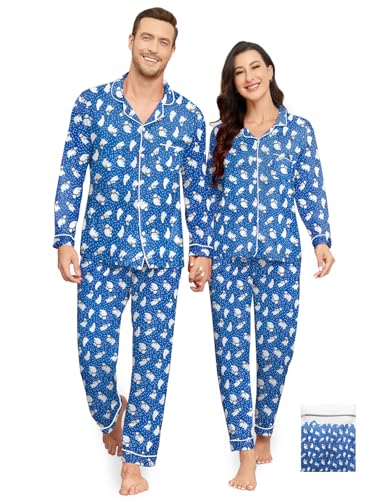 YOPUGEE Couple Christmas Pajama Matching Sets Button Up Pjs Cotton Sleepwear 2 Piece Loungewear Women Blue-Polar Bear M