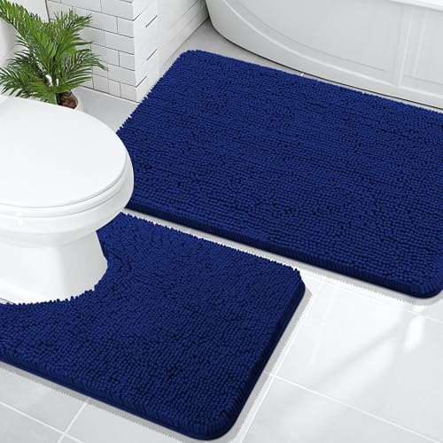 Image of OLANLY Bathroom Rugs Sets 2 Piece, Soft Absorbent Chenille Bath Mats and U-Shaped Contour Toilet Rug, Non-Slip, Machine Washable Bath Carpet, Home Decor Accessories(36 inchx24 inch+24 inchx20 inch, Navy)