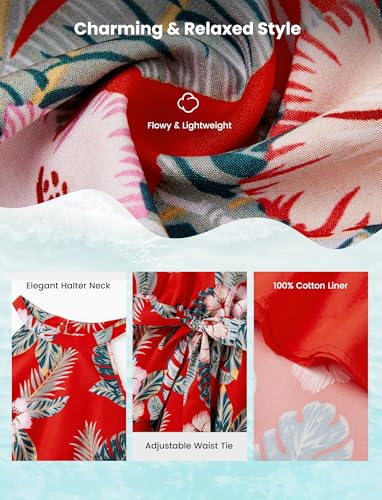 Image of PATPAT Matching Family Hawaiian Outfits - Mommy and Me Floral Dress Couple Matching Set His and Hers Tropical Palm Leaf Print Halter Neck Boho Sundress Summer Beach Dress Red Flower Women XL