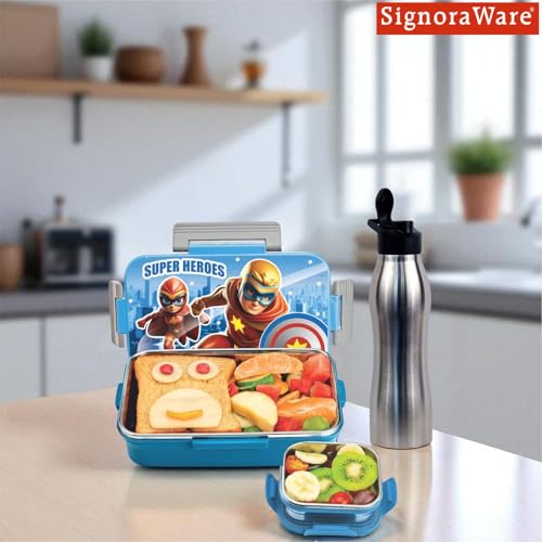 Image of SIGNORA WARE Delight C Nugget Stainless Steel Printed Lunch Box Set for Kids | Airtight Lid with Clip Lock | Compact & Sleek Size | Great for Picnics & Outdoors (700ml + 130ml + 750ml Bottle | Blue)