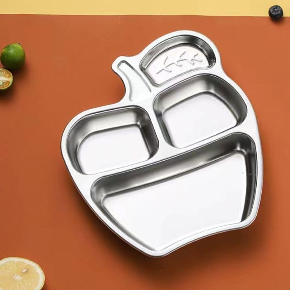 Happy Huesยฎ Stainless Steel Divided Meal Plate Tray-3 Compartments Dinner Dish for Baby (Apple)