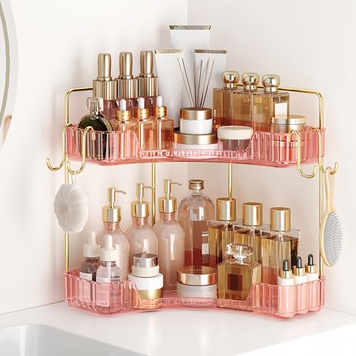Image of Delicate Pink 2-Tier Corner Counter Organizer with Expandable Hooks | Bathroom, Kitchen & Vanity Storage for PET Makeup, Skincare & Jewelry
