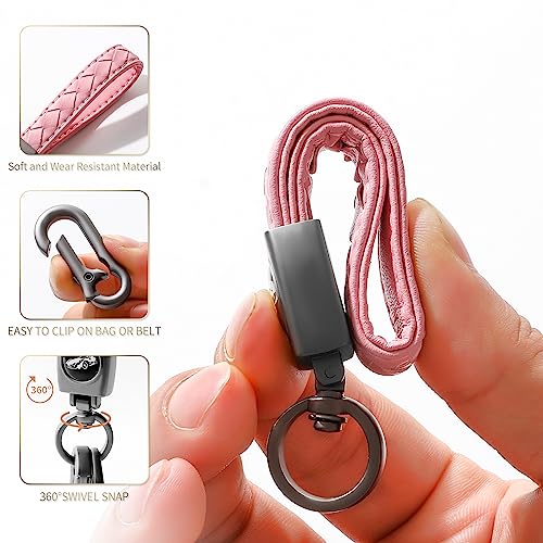 Image of Gkeygo Carabiner Keychain, Universal Heavy Duty Woven Handmade Leather Key Chain, Car Fob Key Keychains with 360 Degree Rotatable Snap Swivel and Anti-Lost D-Ring for Men and Women, Gunmetal - Pink