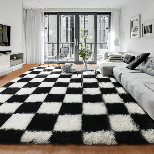 Image of KICMOR 7x9 Area Rug for Living Room Bedroom, Large Black and White Checkered Fuzzy Fluffy Shag Shaggy Carpet, Indoor Plush Soft Big Rugs for Kids Boys Girls Teen Dorm Nursery Home Decor Aesthetic