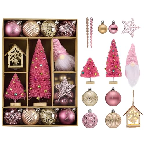 DecorbyHannah 70ct Christmas Ornaments Set, Shatterproof Decorative Pink Gold Christmas Tree Decorations with Small Xmas Tree, Gnome and Wooden Lighted Bird House for Home Party Halloween Decor