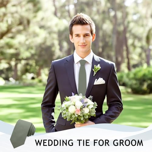 Image of Ties for Men, Cotton Mens Ties Skinny Solid Color Necktie Sage Green Tie for Wedding Business