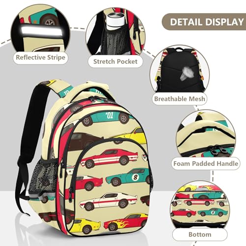 Vintage Car Racecar Backpack for School Book Bag Laptop Tablet Backpack Work Travel Computer Bag with Reflective Stripes3