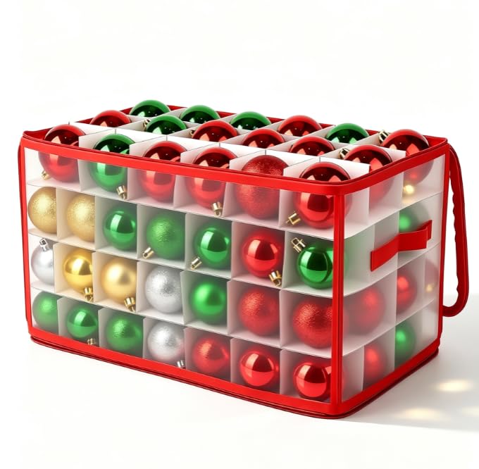Plain Red Foldable Christmas Decoration Storage Cube with Removable Separators, Holds Up to 112 Xmas Baubles, Clear Zip Lid & Reinforced Handles for Seasonal Ornament Organising