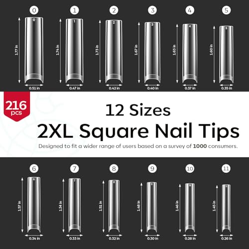 Image of Modelones Long Square Nail Tips 2xxl Straight No Curve Half Cover Soft Gel | Acrylic Clear Full Cover Press on Extension Kit Gel Manicure DIY at Home 216PCS 12Sizes