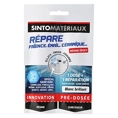 SINTO MATERIAUX - Répare faïence, émail, céramique - Résine époxy - Eclats, trous et fissures - Spécial sanitaire - 1 dose = 1 réparation - Sec en...
