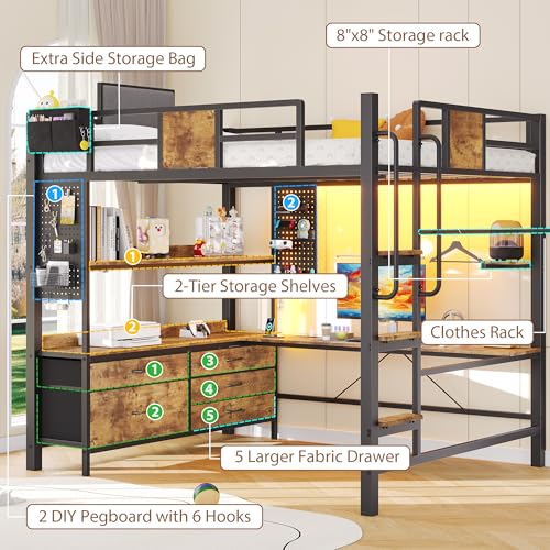Image of Dnxao Full Loft Bed with Desk and 5 Storage Drawers, 800lb Capacity Heavy Duty Metal Bed Frame for Adults & Teens, LED Lights, Charging Station, Pegboard & Shelves, Rustic Brown