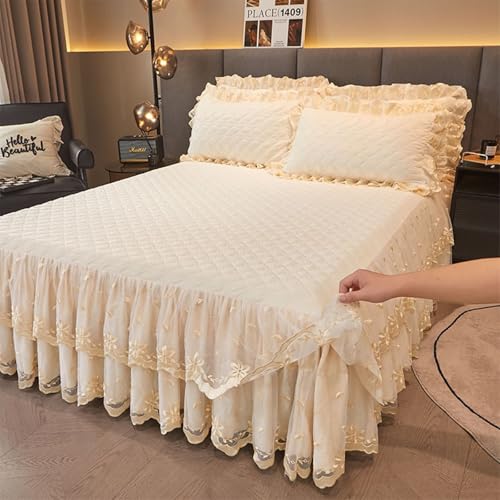 Daesar Bajera Elastica Cama,Patrón de Encaje Bordado con Color Sólido Terciopelo Bajera Cama Beige Blanco,180 x 220 CM