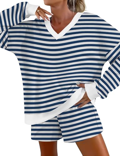 AKEWEI 2 Piece Outfits for Lady Lounge Sets Striped Print Long Sleeve V Neck Pajama and Shorts Set...